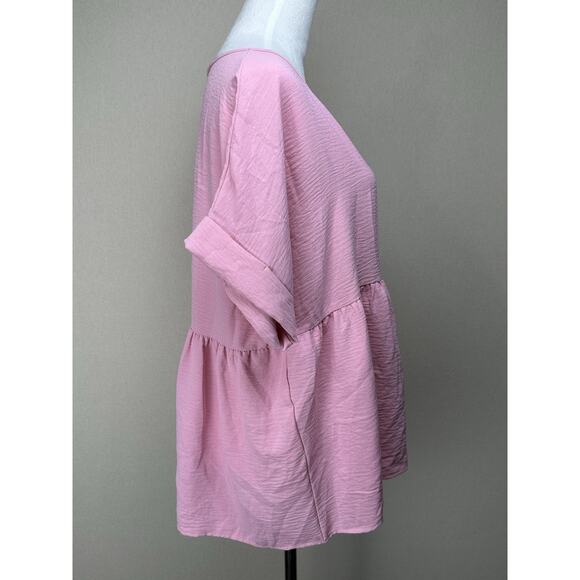 Entro Top Women L Pink Cuffed Short Sleeve Babydoll Flowy V Neck Blouse - Picture 4 of 10